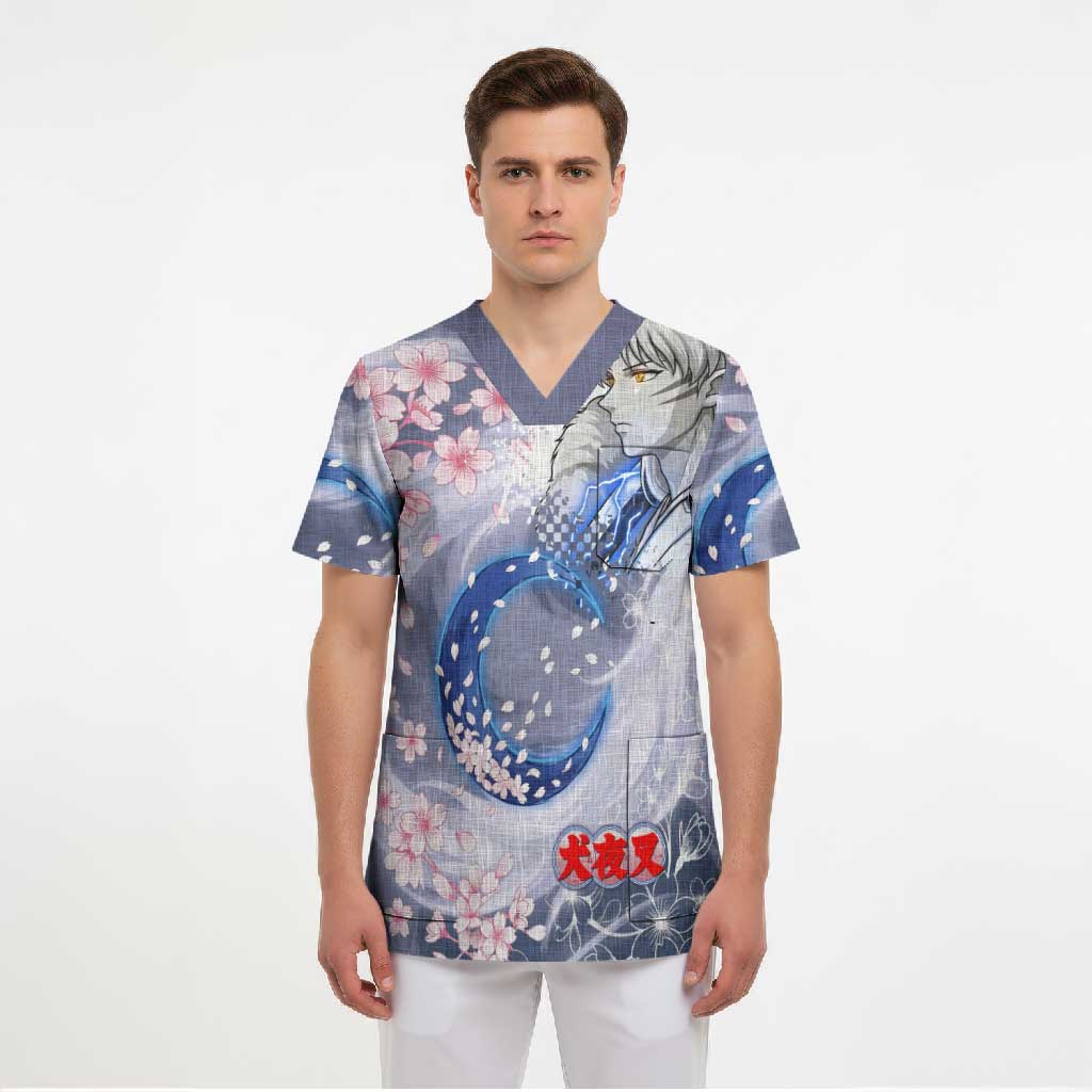 Sesshomaru Inuyasha Series Scrub Top Elegant Sakura Storm Style with Crescent Moon Motif