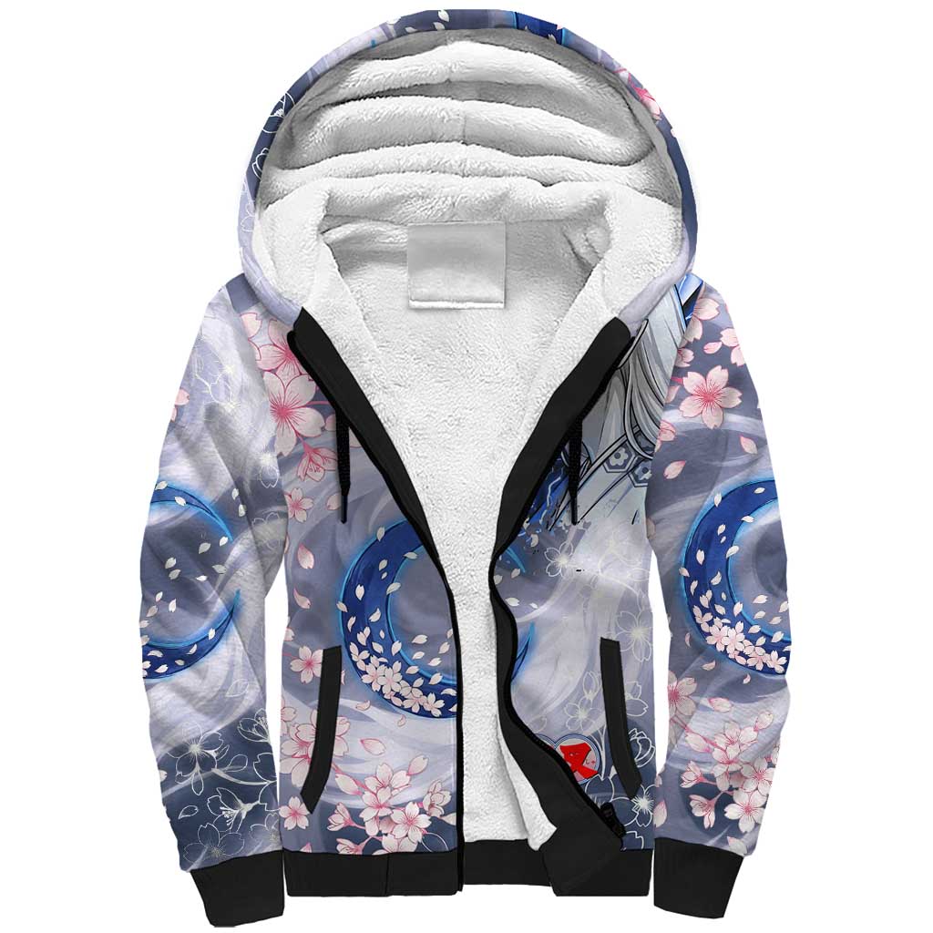 Sesshomaru Inuyasha Series Sherpa Hoodie Elegant Sakura Storm Style with Crescent Moon Motif