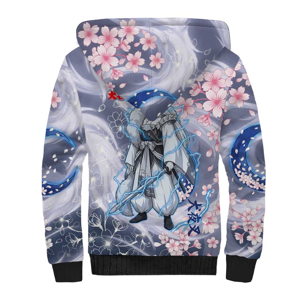 Sesshomaru Inuyasha Series Sherpa Hoodie Elegant Sakura Storm Style with Crescent Moon Motif