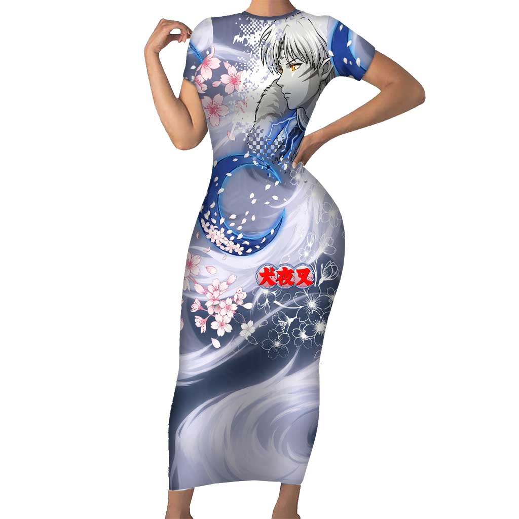 Sesshomaru Inuyasha Series Short Sleeve Bodycon Dress Elegant Sakura Storm Style with Crescent Moon Motif