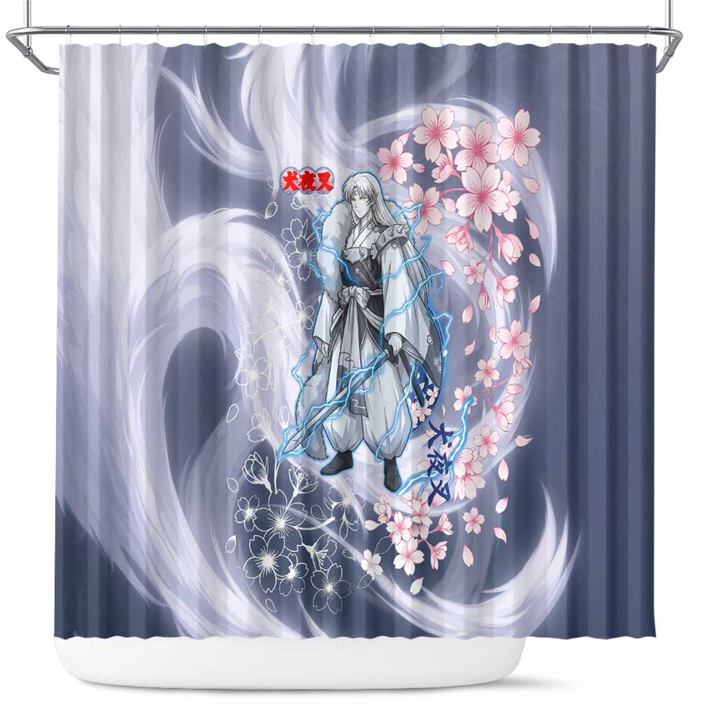 Sesshomaru Inuyasha Series Shower Curtain Elegant Sakura Storm Style with Crescent Moon Motif