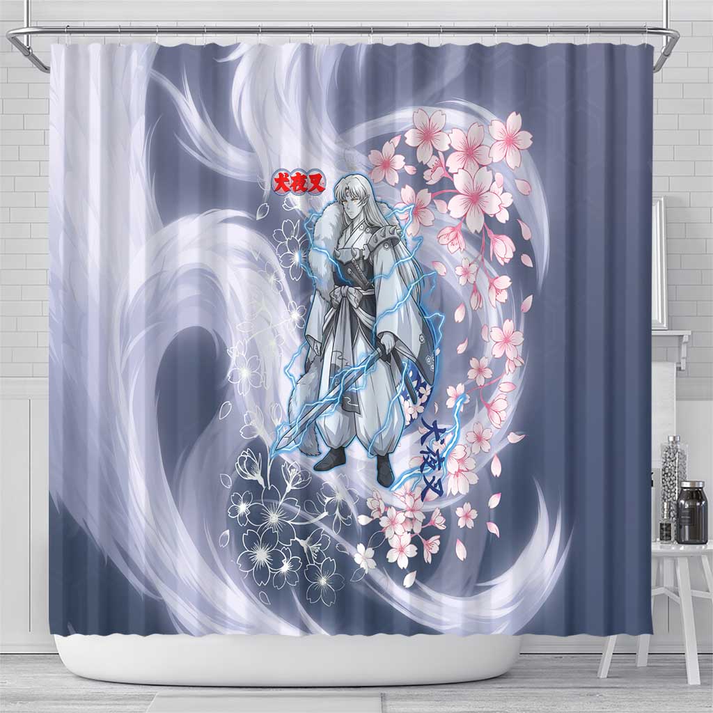 Sesshomaru Inuyasha Series Shower Curtain Elegant Sakura Storm Style with Crescent Moon Motif