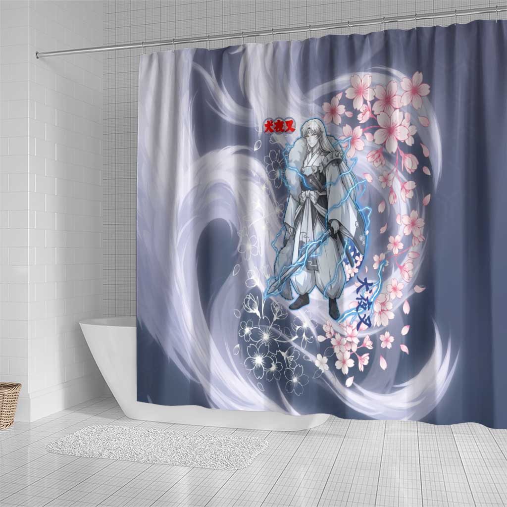 Sesshomaru Inuyasha Series Shower Curtain Elegant Sakura Storm Style with Crescent Moon Motif