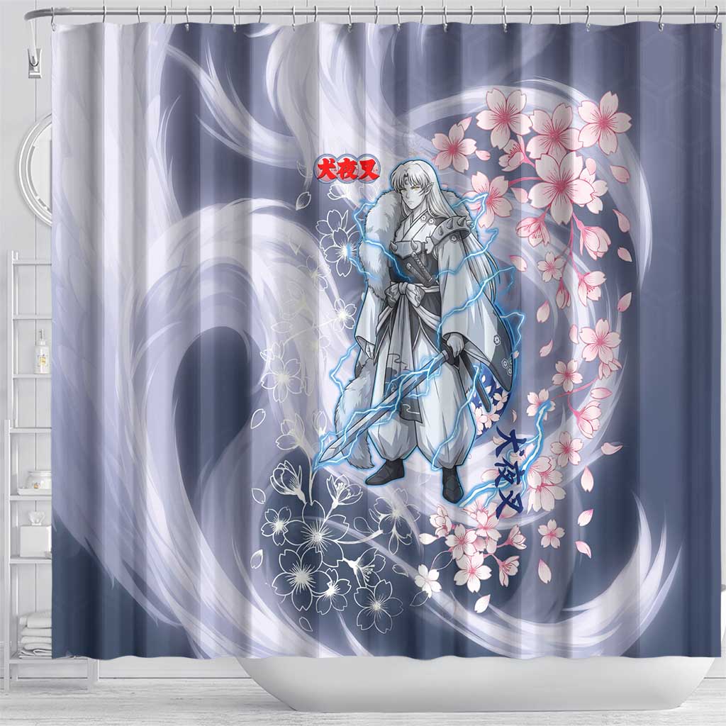 Sesshomaru Inuyasha Series Shower Curtain Elegant Sakura Storm Style with Crescent Moon Motif