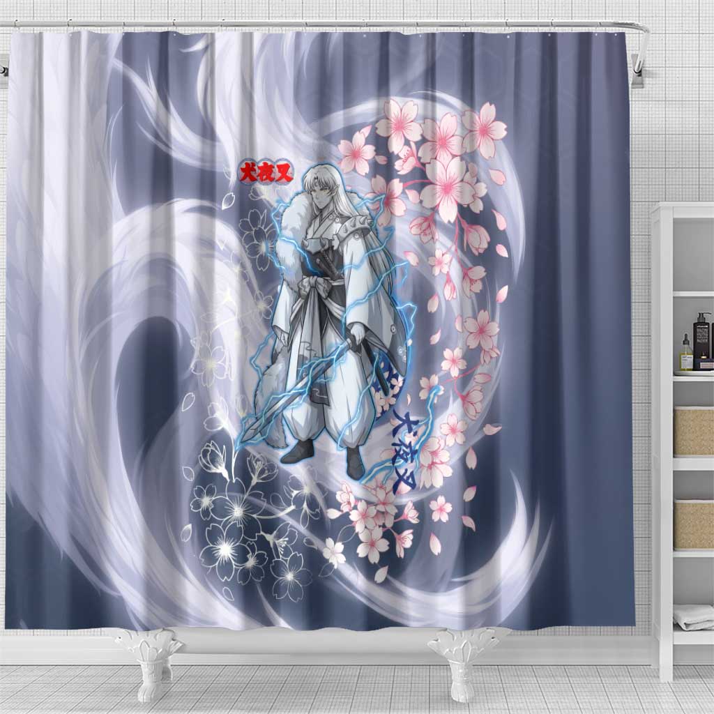 Sesshomaru Inuyasha Series Shower Curtain Elegant Sakura Storm Style with Crescent Moon Motif