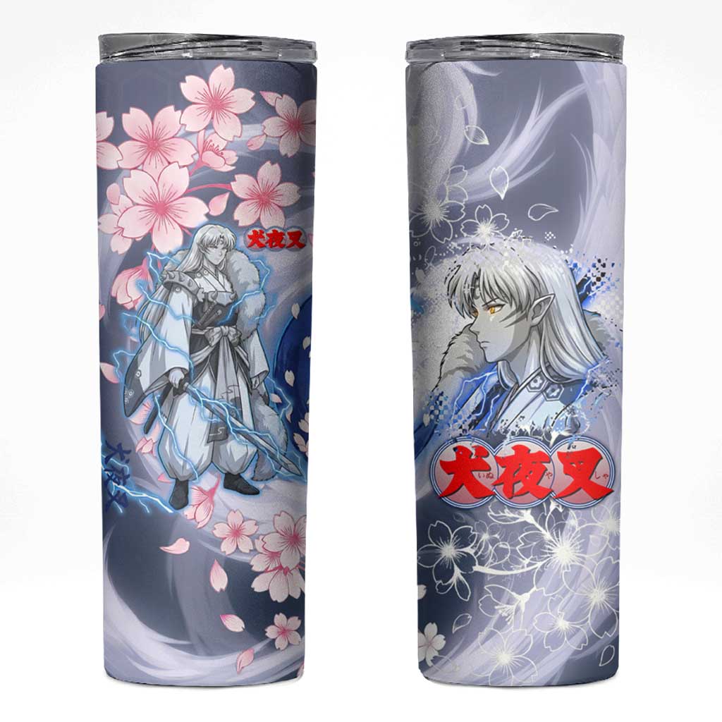 Sesshomaru Inuyasha Series Skinny Tumbler Elegant Sakura Storm Style with Crescent Moon Motif