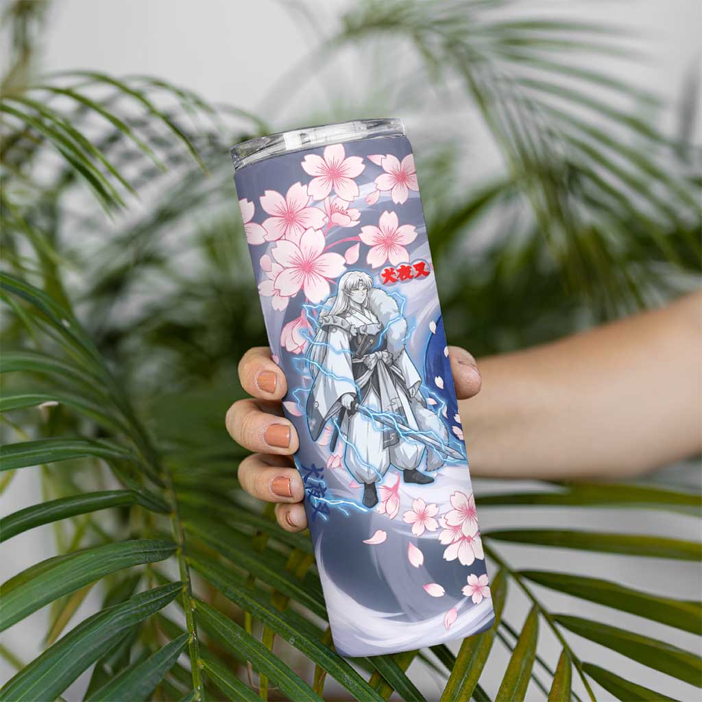 Sesshomaru Inuyasha Series Skinny Tumbler Elegant Sakura Storm Style with Crescent Moon Motif