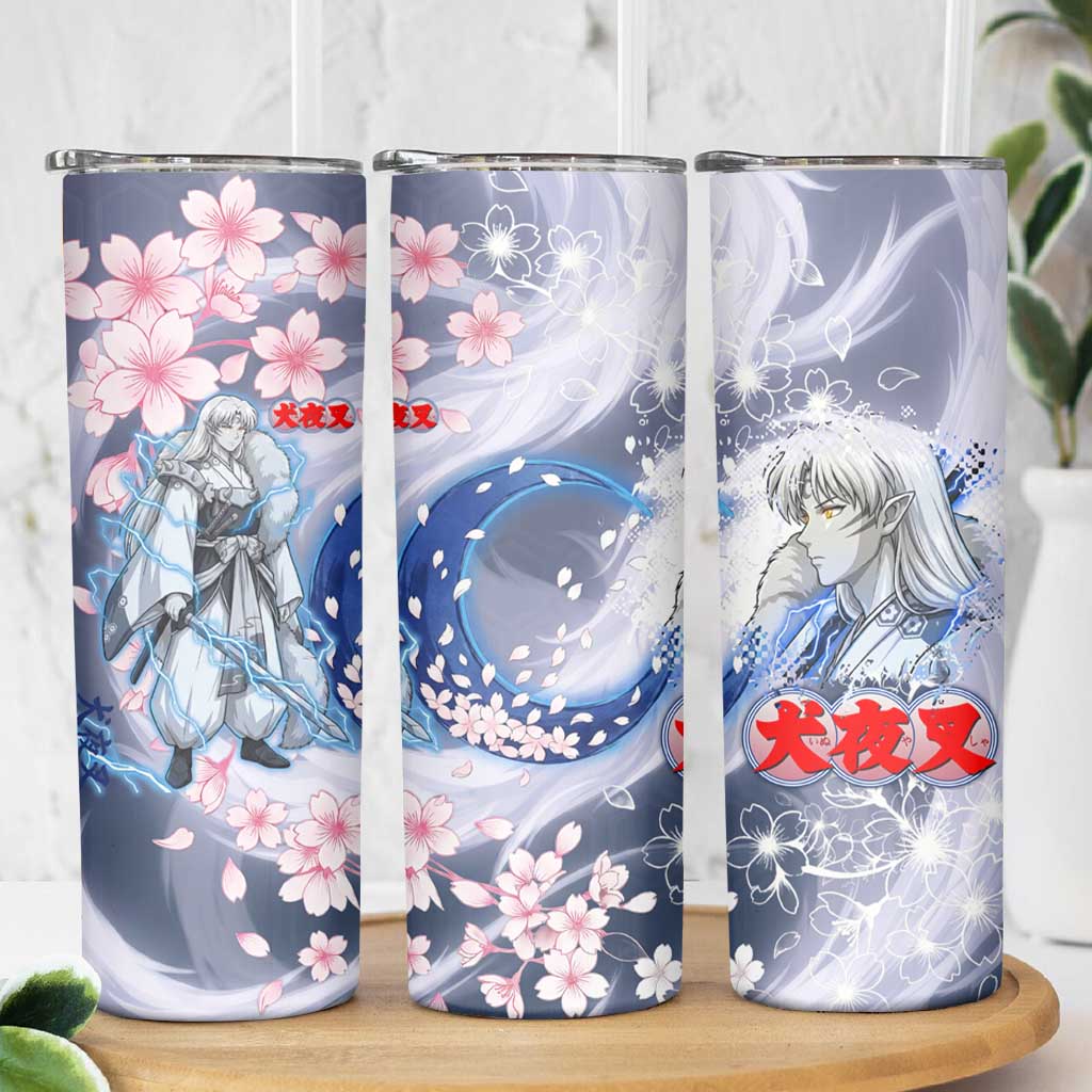 Sesshomaru Inuyasha Series Skinny Tumbler Elegant Sakura Storm Style with Crescent Moon Motif