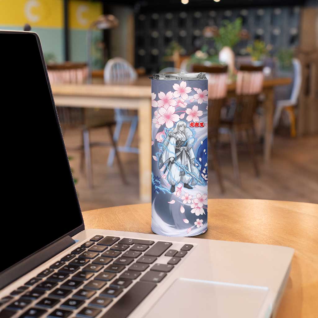 Sesshomaru Inuyasha Series Skinny Tumbler Elegant Sakura Storm Style with Crescent Moon Motif