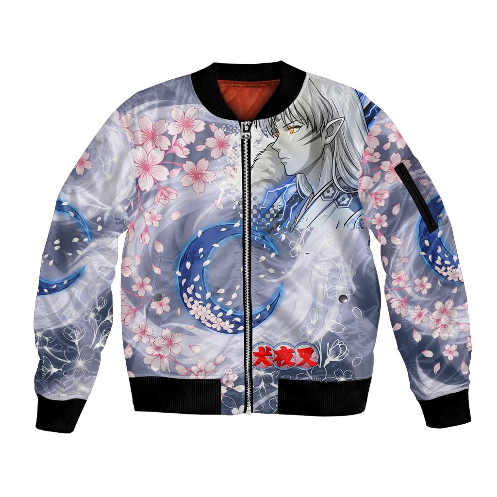 Sesshomaru Inuyasha Series Sleeve Zip Bomber Jacket Elegant Sakura Storm Style with Crescent Moon Motif