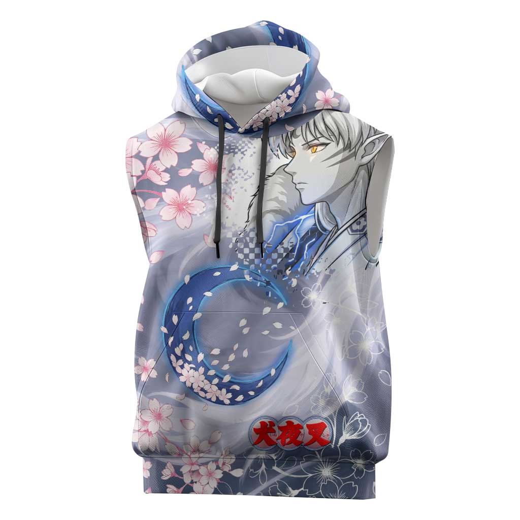 Sesshomaru Inuyasha Series Sleeveless Hoodie Elegant Sakura Storm Style with Crescent Moon Motif