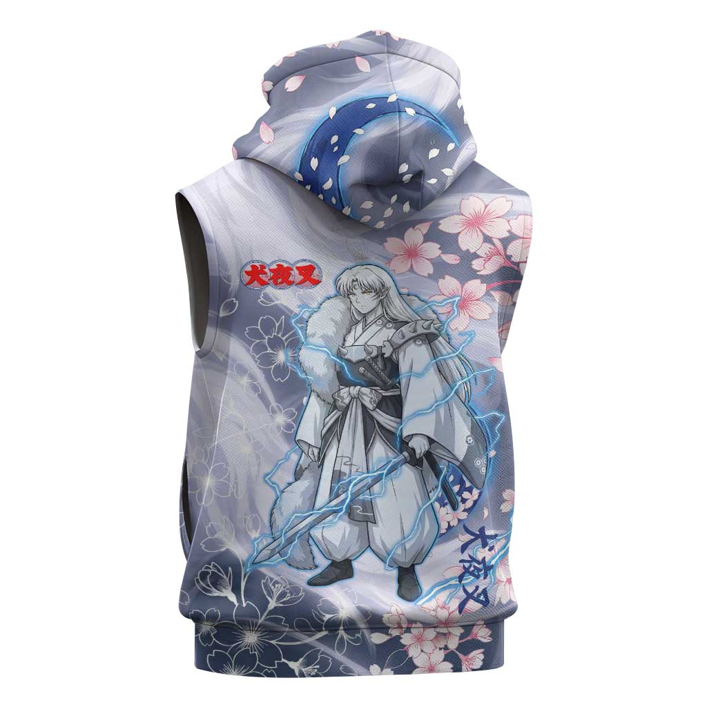 Sesshomaru Inuyasha Series Sleeveless Hoodie Elegant Sakura Storm Style with Crescent Moon Motif