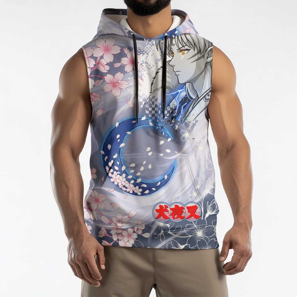 Sesshomaru Inuyasha Series Sleeveless Hoodie Elegant Sakura Storm Style with Crescent Moon Motif