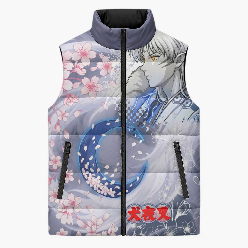 Sesshomaru Inuyasha Series Sleeveless Puffer Jacket Elegant Sakura Storm Style with Crescent Moon Motif