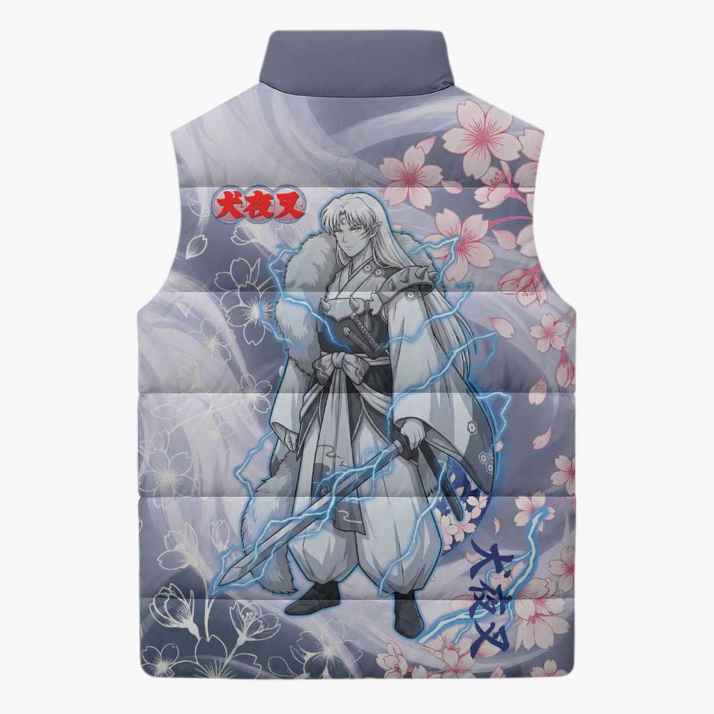 Sesshomaru Inuyasha Series Sleeveless Puffer Jacket Elegant Sakura Storm Style with Crescent Moon Motif