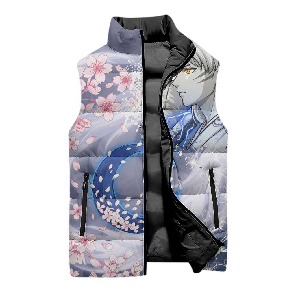 Sesshomaru Inuyasha Series Sleeveless Puffer Jacket Elegant Sakura Storm Style with Crescent Moon Motif