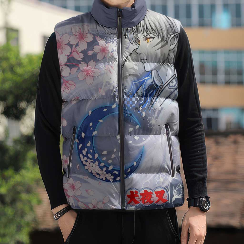 Sesshomaru Inuyasha Series Sleeveless Puffer Jacket Elegant Sakura Storm Style with Crescent Moon Motif