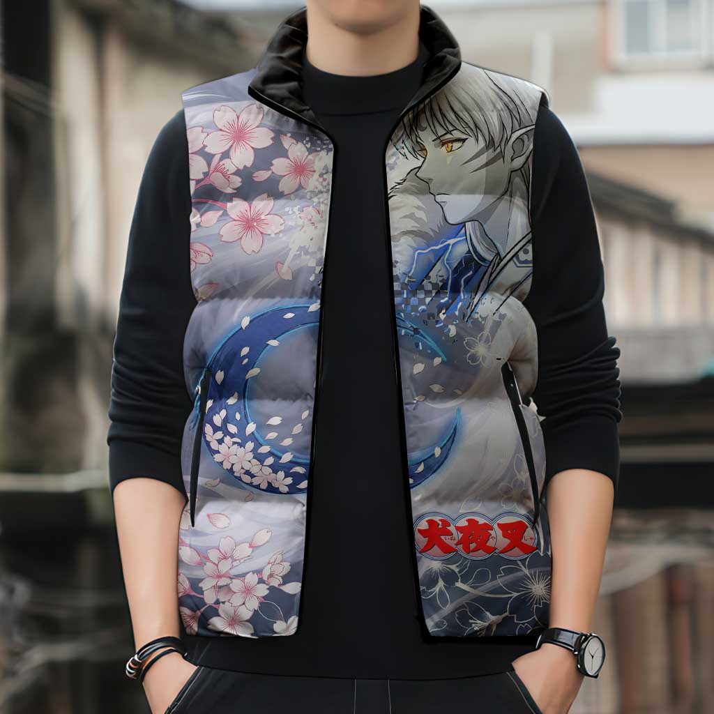 Sesshomaru Inuyasha Series Sleeveless Puffer Jacket Elegant Sakura Storm Style with Crescent Moon Motif