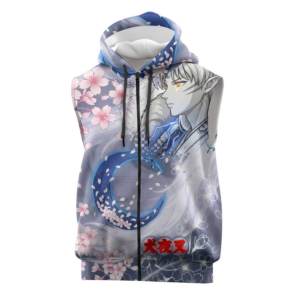 Sesshomaru Inuyasha Series Sleeveless Zip Hoodie Elegant Sakura Storm Style with Crescent Moon Motif