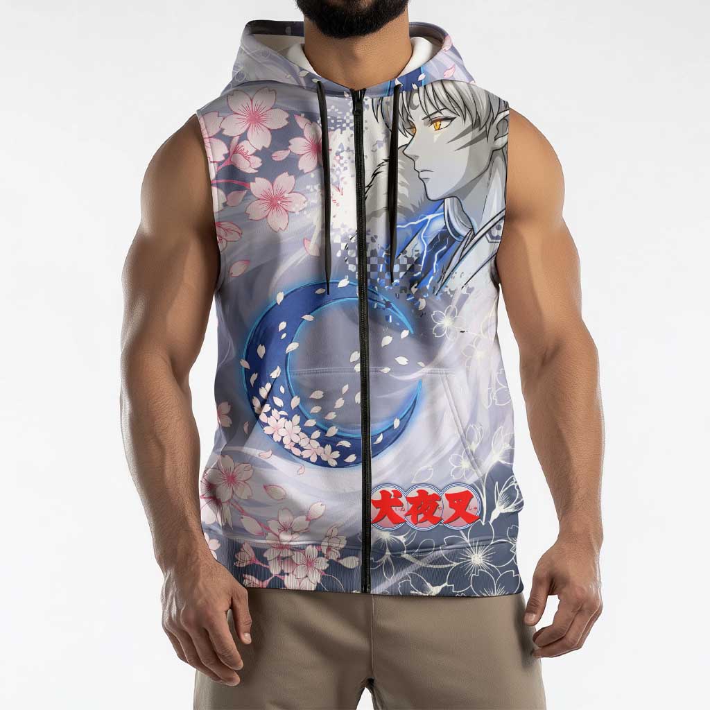 Sesshomaru Inuyasha Series Sleeveless Zip Hoodie Elegant Sakura Storm Style with Crescent Moon Motif