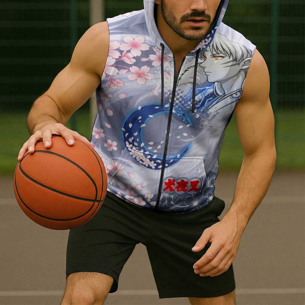 Sesshomaru Inuyasha Series Sleeveless Zip Hoodie Elegant Sakura Storm Style with Crescent Moon Motif