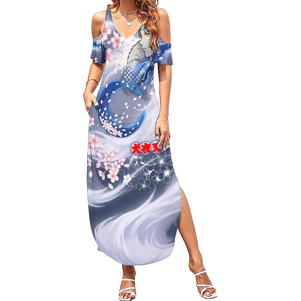 Sesshomaru Inuyasha Series Summer Maxi Dress Elegant Sakura Storm Style with Crescent Moon Motif