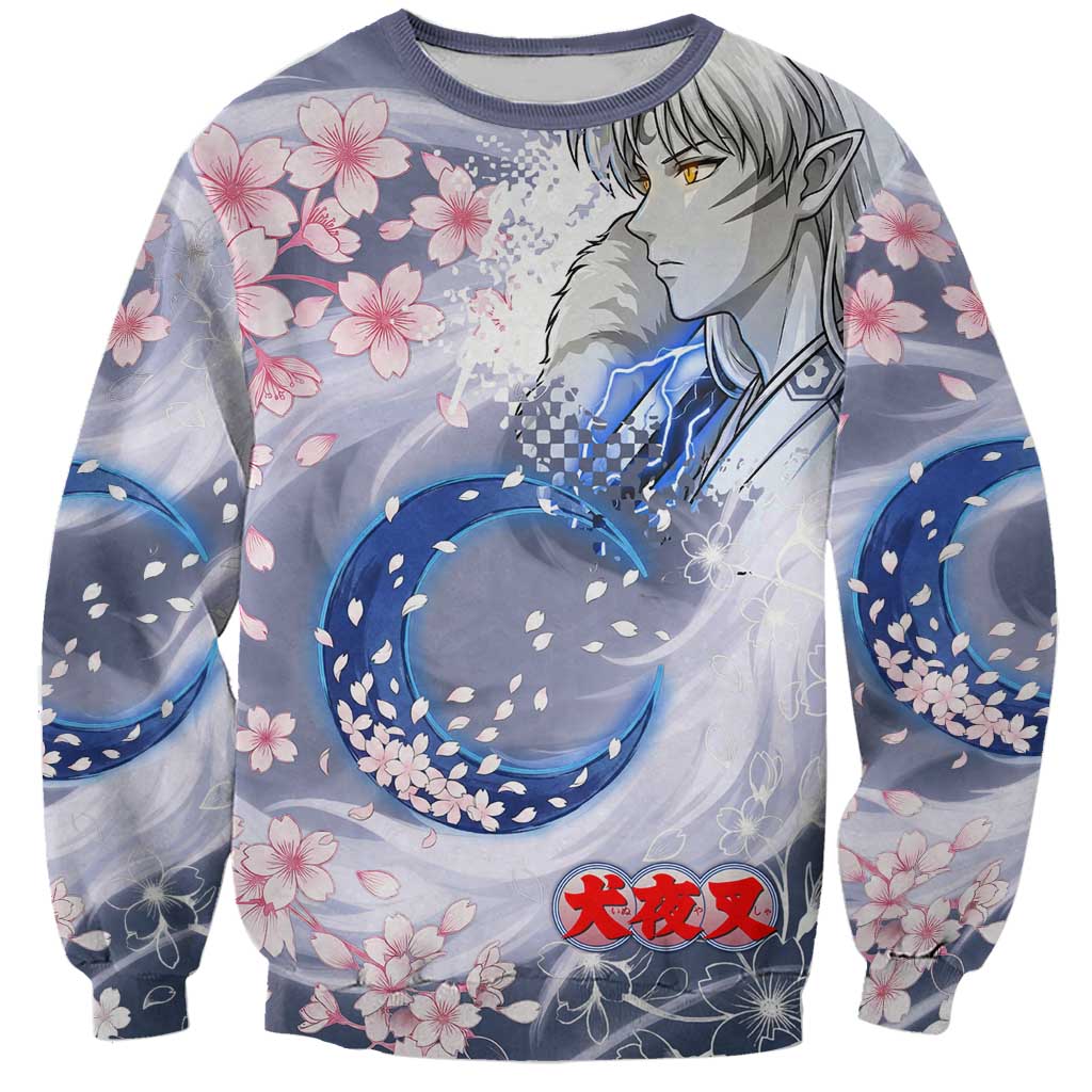 Sesshomaru Inuyasha Series Sweatshirt Elegant Sakura Storm Style with Crescent Moon Motif