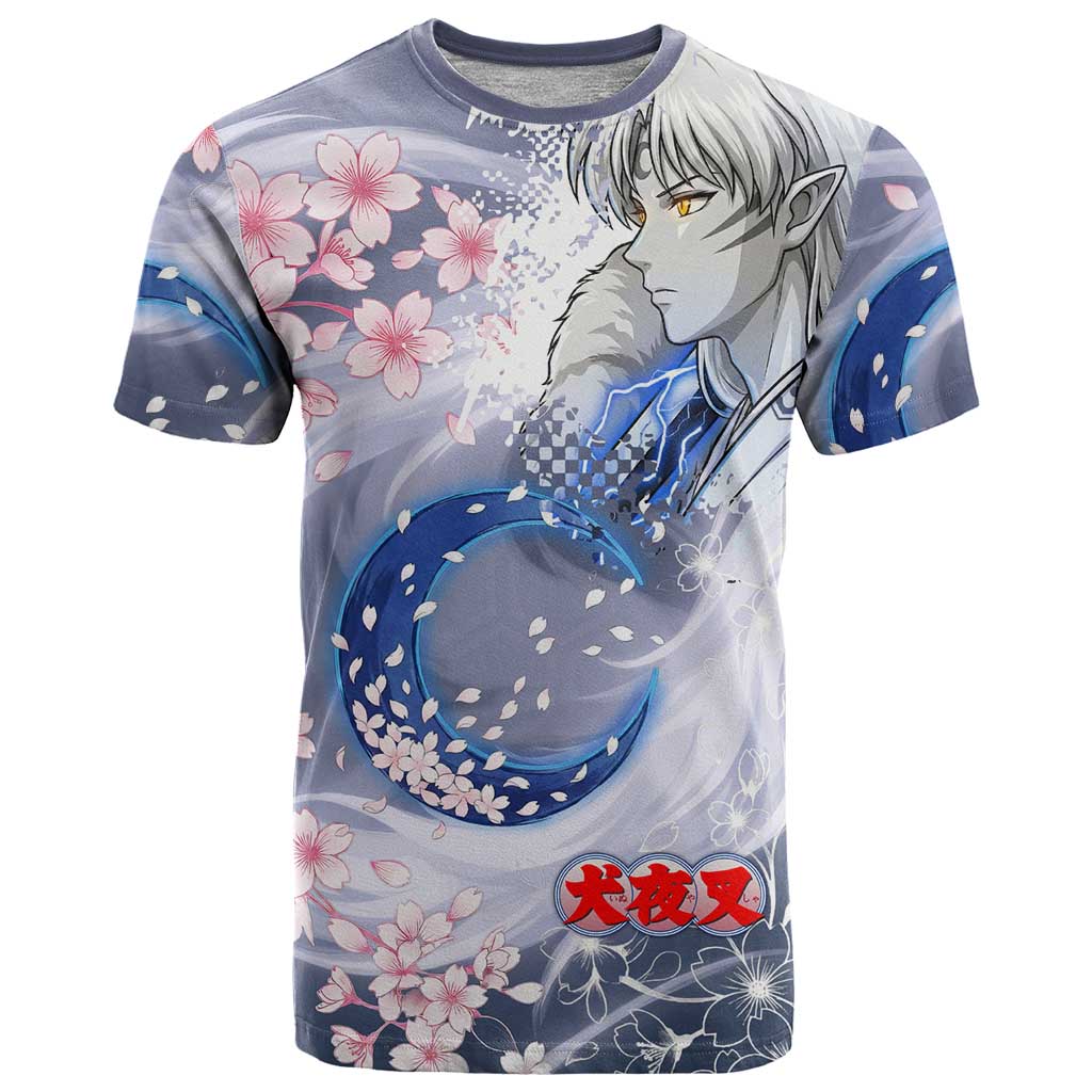 Sesshomaru Inuyasha Series T Shirt Elegant Sakura Storm Style with Crescent Moon Motif