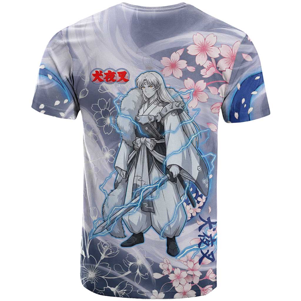 Sesshomaru Inuyasha Series T Shirt Elegant Sakura Storm Style with Crescent Moon Motif
