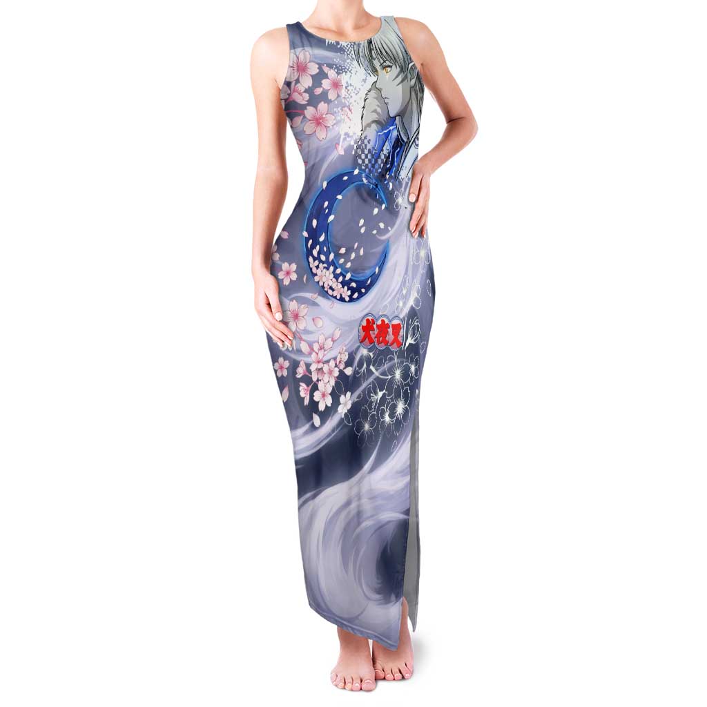 Sesshomaru Inuyasha Series Tank Maxi Dress Elegant Sakura Storm Style with Crescent Moon Motif