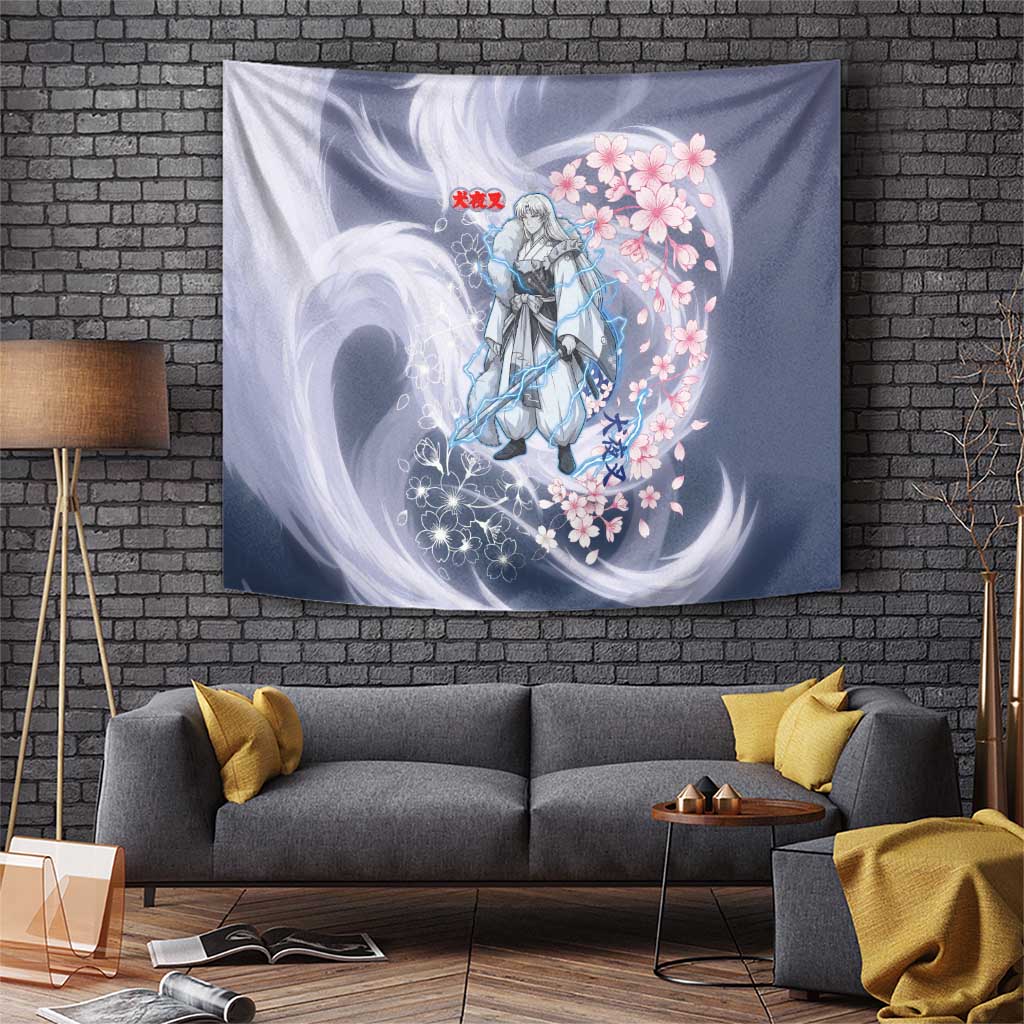 Sesshomaru Inuyasha Series Tapestry Elegant Sakura Storm Style with Crescent Moon Motif