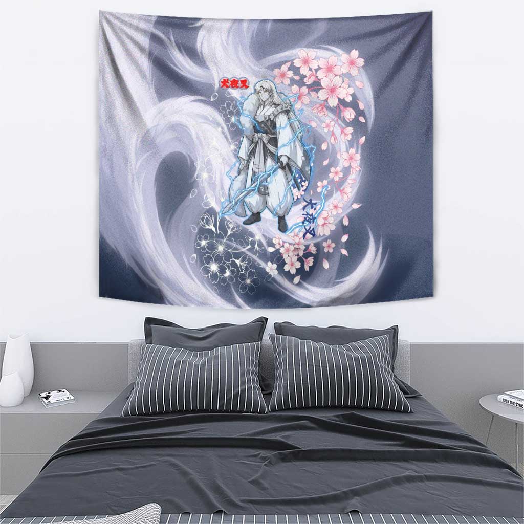 Sesshomaru Inuyasha Series Tapestry Elegant Sakura Storm Style with Crescent Moon Motif