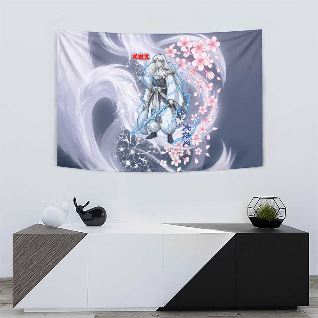 Sesshomaru Inuyasha Series Tapestry Elegant Sakura Storm Style with Crescent Moon Motif