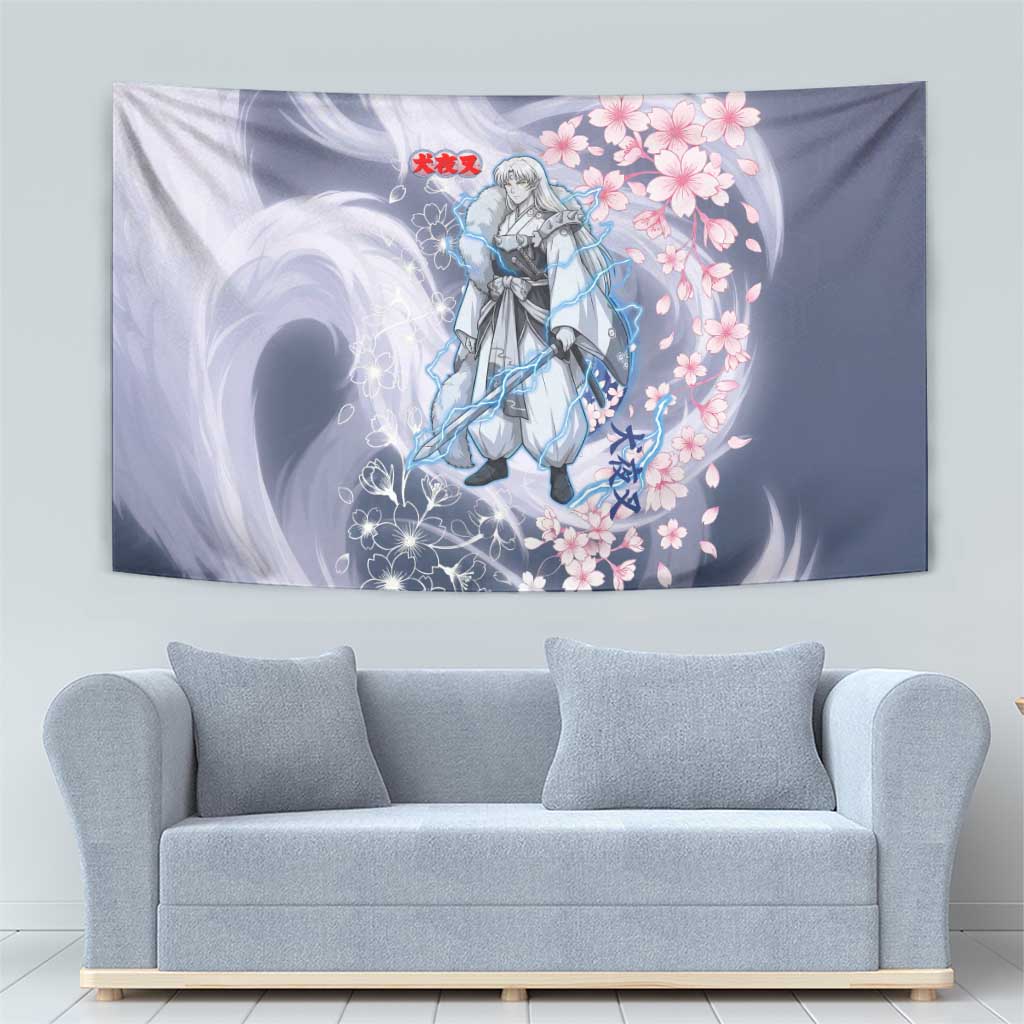 Sesshomaru Inuyasha Series Tapestry Elegant Sakura Storm Style with Crescent Moon Motif