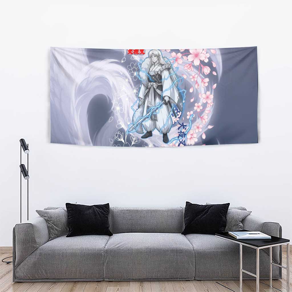 Sesshomaru Inuyasha Series Tapestry Elegant Sakura Storm Style with Crescent Moon Motif