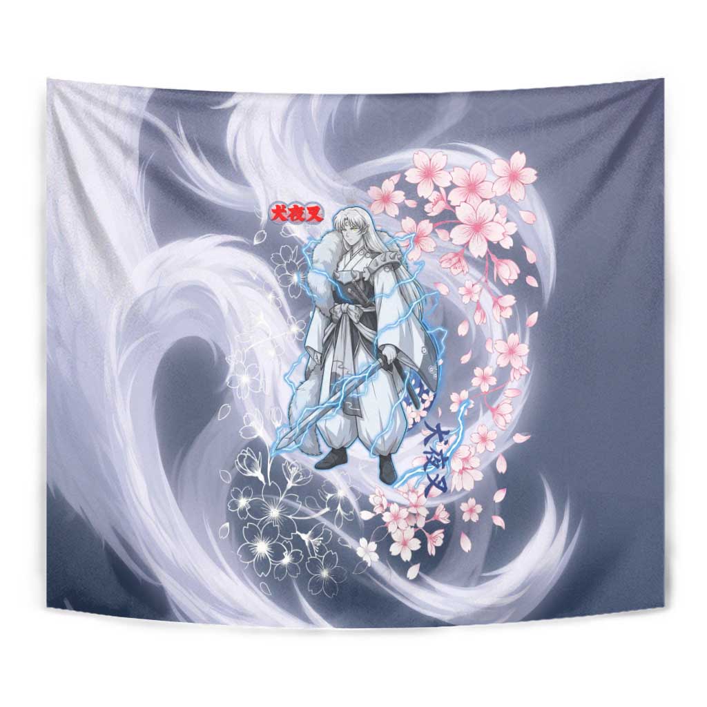 Sesshomaru Inuyasha Series Tapestry Elegant Sakura Storm Style with Crescent Moon Motif