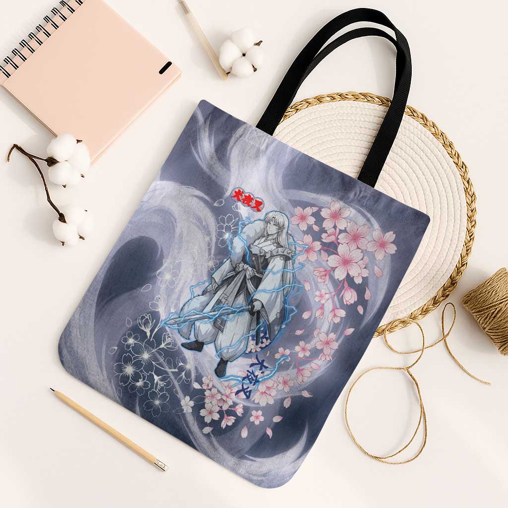 Sesshomaru Inuyasha Series Tote Bag Elegant Sakura Storm Style with Crescent Moon Motif