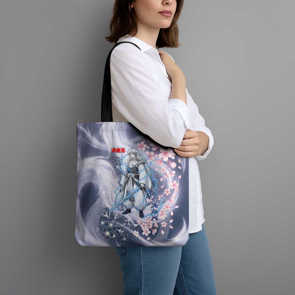 Sesshomaru Inuyasha Series Tote Bag Elegant Sakura Storm Style with Crescent Moon Motif
