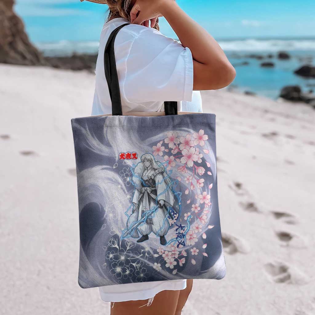Sesshomaru Inuyasha Series Tote Bag Elegant Sakura Storm Style with Crescent Moon Motif