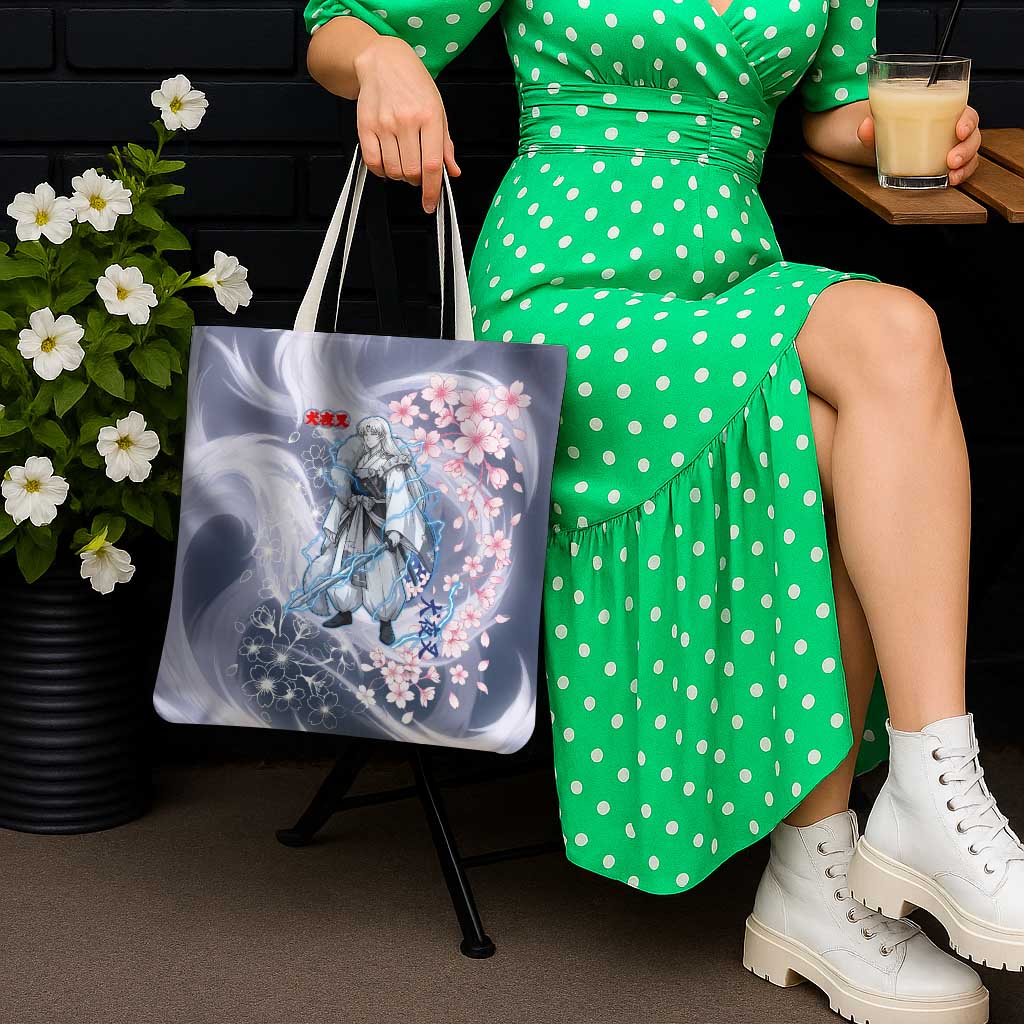 Sesshomaru Inuyasha Series Tote Bag Elegant Sakura Storm Style with Crescent Moon Motif