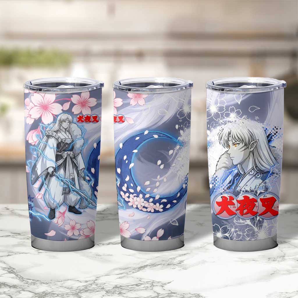 Sesshomaru Inuyasha Series Tumbler Cup Elegant Sakura Storm Style with Crescent Moon Motif