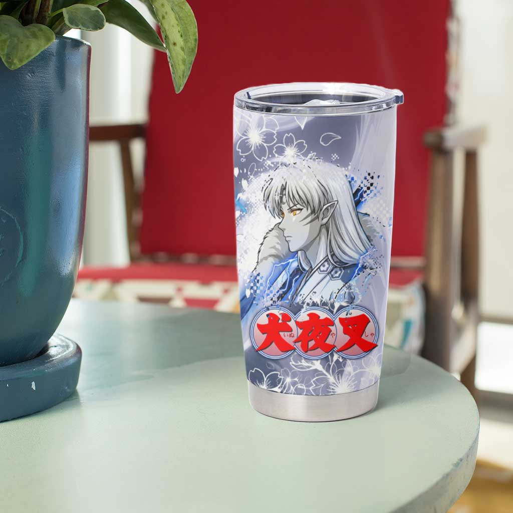 Sesshomaru Inuyasha Series Tumbler Cup Elegant Sakura Storm Style with Crescent Moon Motif