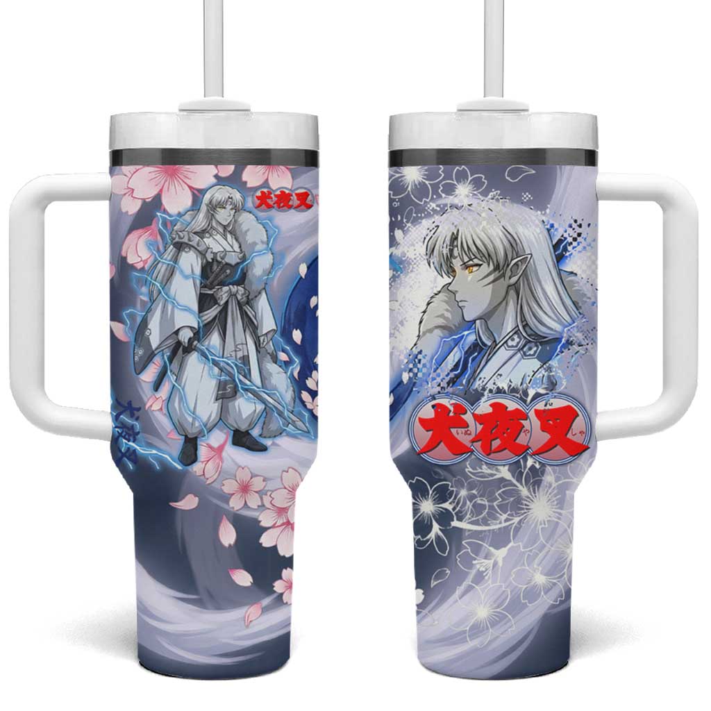 Sesshomaru Inuyasha Series Tumbler With Handle Elegant Sakura Storm Style with Crescent Moon Motif