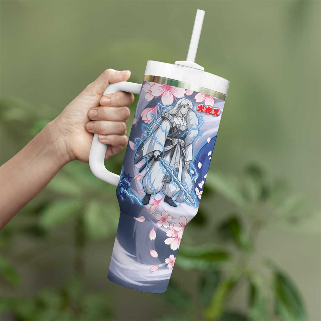 Sesshomaru Inuyasha Series Tumbler With Handle Elegant Sakura Storm Style with Crescent Moon Motif