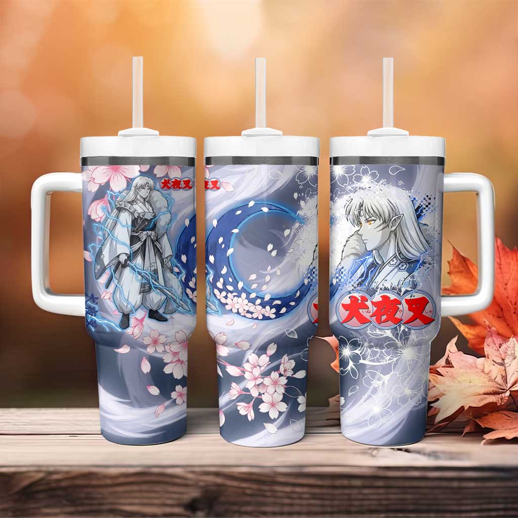 Sesshomaru Inuyasha Series Tumbler With Handle Elegant Sakura Storm Style with Crescent Moon Motif