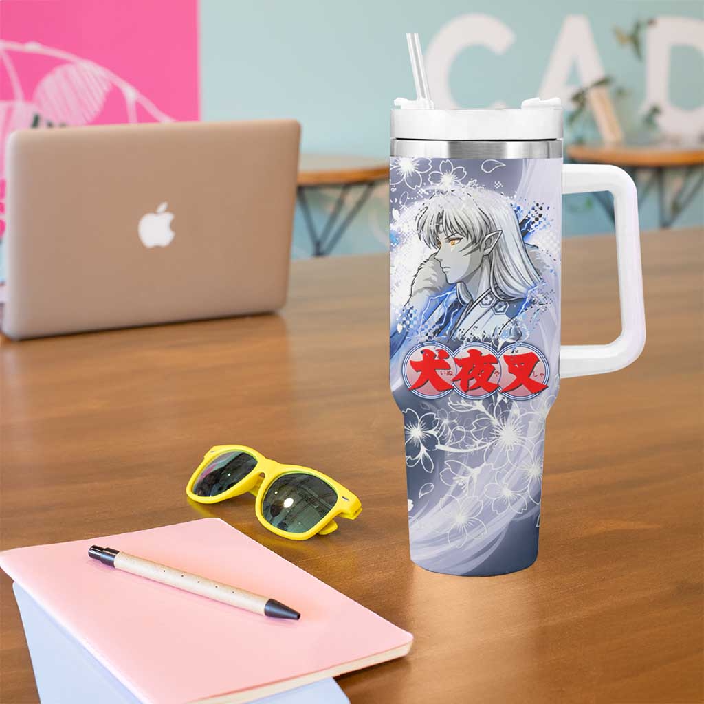 Sesshomaru Inuyasha Series Tumbler With Handle Elegant Sakura Storm Style with Crescent Moon Motif