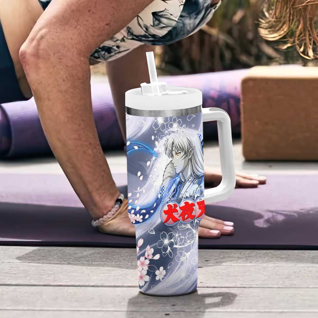 Sesshomaru Inuyasha Series Tumbler With Handle Elegant Sakura Storm Style with Crescent Moon Motif