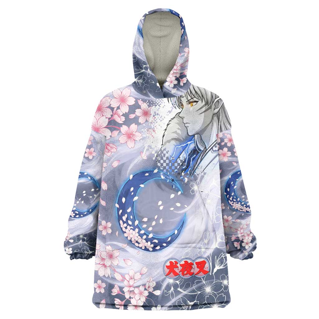 Sesshomaru Inuyasha Series Wearable Blanket Hoodie Elegant Sakura Storm Style with Crescent Moon Motif