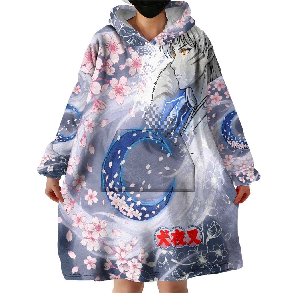 Sesshomaru Inuyasha Series Wearable Blanket Hoodie Elegant Sakura Storm Style with Crescent Moon Motif