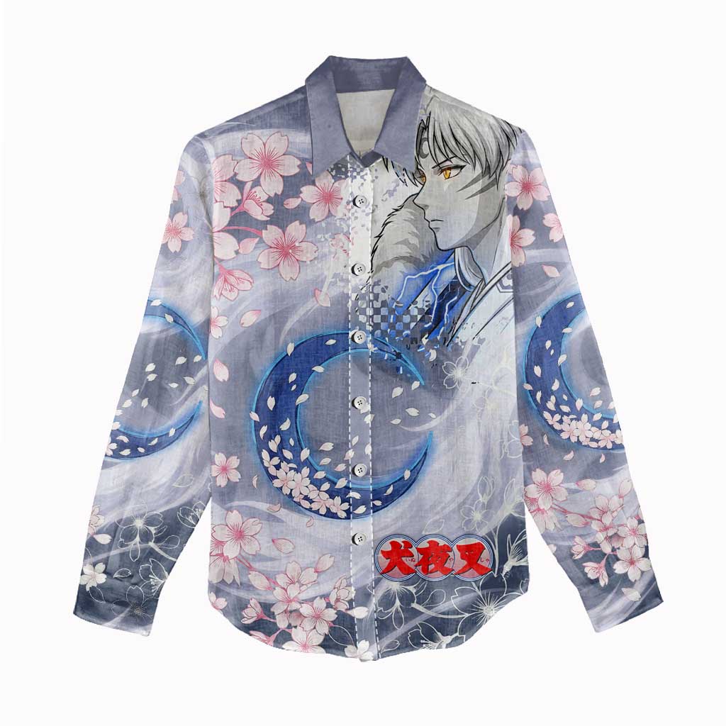 Sesshomaru Inuyasha Series Women Casual Shirt Elegant Sakura Storm Style with Crescent Moon Motif